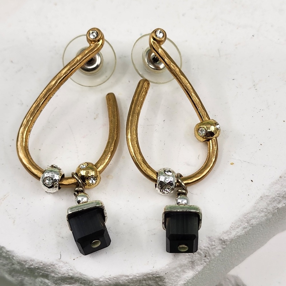 Gold Tone Rhinestone Horseshoe Hoop Black Cube Dangle Earrings Statement Party